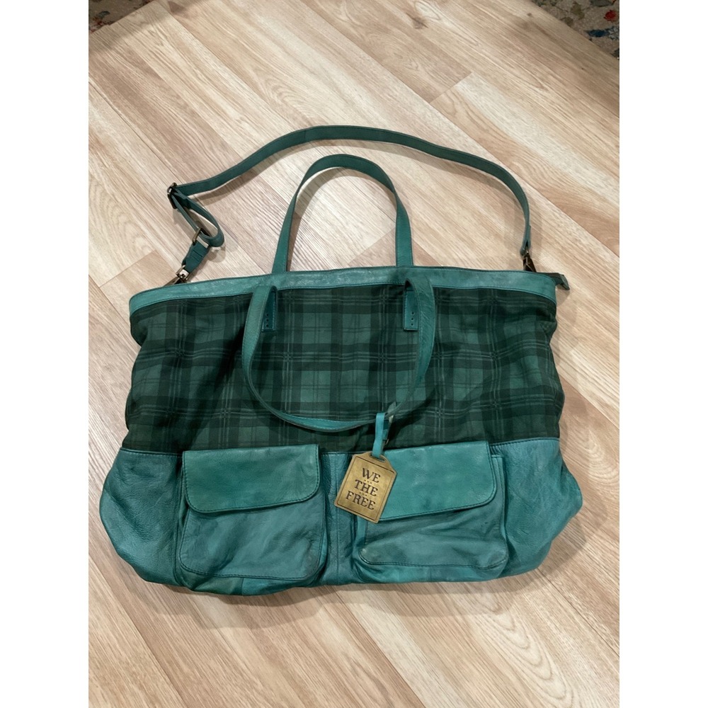 Rare Free People We The Free Rockport Tote Highland Plaid Teal Leather Large Bag - Picture 2 of 4